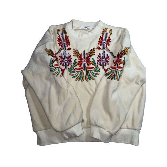 Vintage Cream Grandma Crewneck Embroidered Velvet‎ Sweater By Twins - Picture 7 of 9